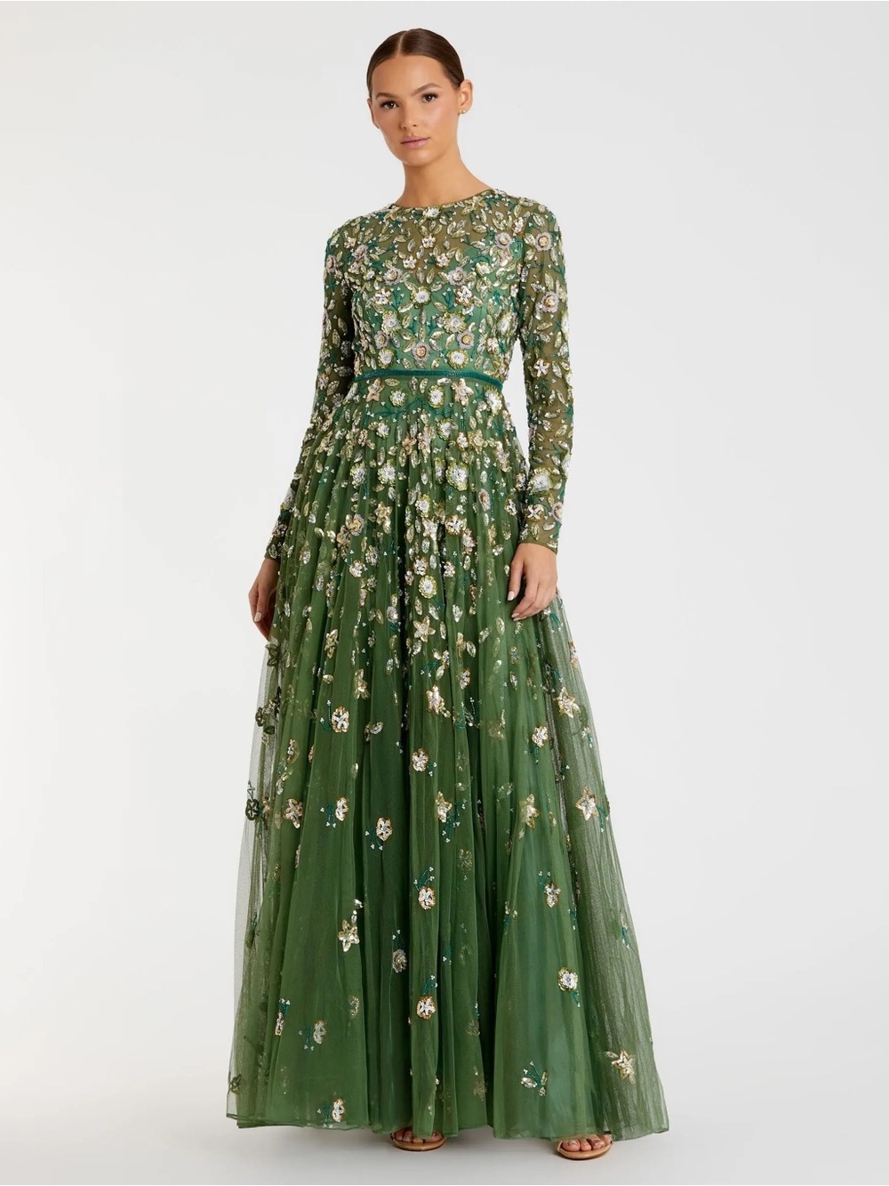 MAC DUGGAL Sage Embellished High Neck Long Sleeve A Line Gown - Picture 1 of 3